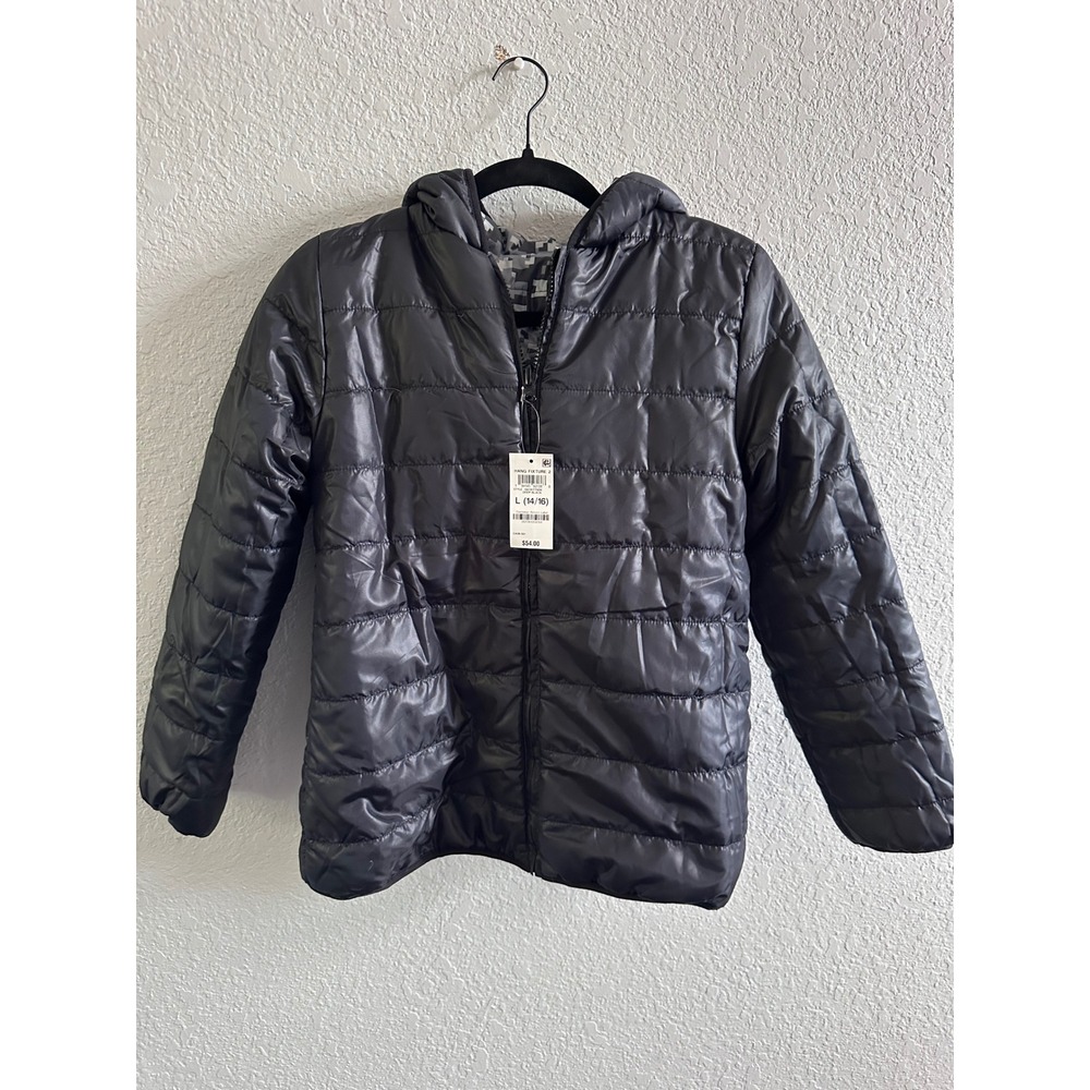 Epic Threads Boys Reversible Puffer Jacket Black Digital Camo Hooded L 14/16 NWT